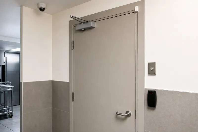 Back-of-house hotel door showing reader, free-egress hardware, contact and camera.