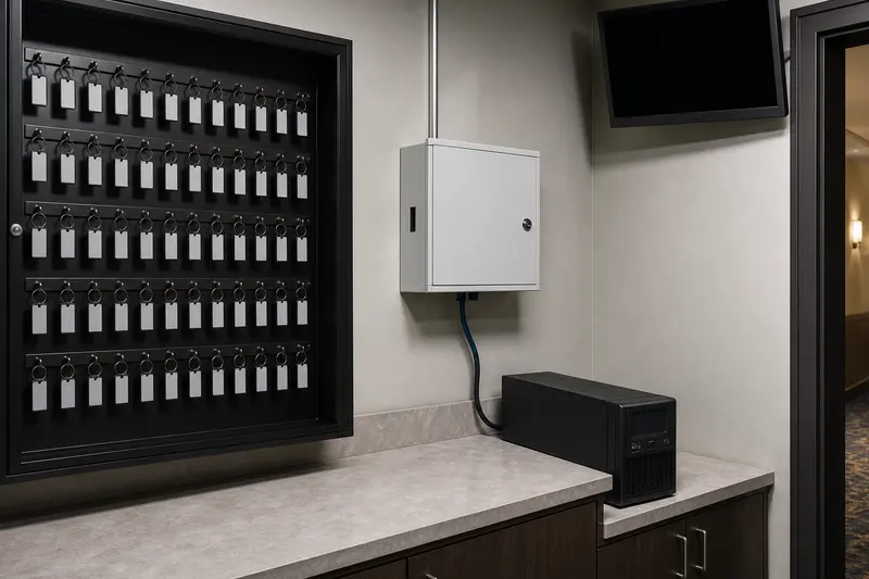 Blank hotel key cabinet, secure controller, UPS and dark monitoring display.