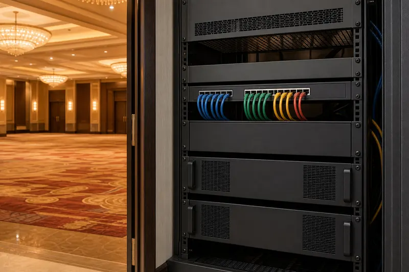 Plain-fronted ballroom audio rack with amplifiers, processor, switch and organized patching.