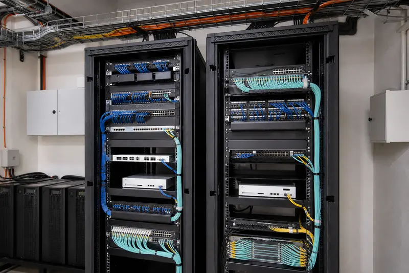 Two hotel network racks with separated patch zones, uplinks, gateways and containment.