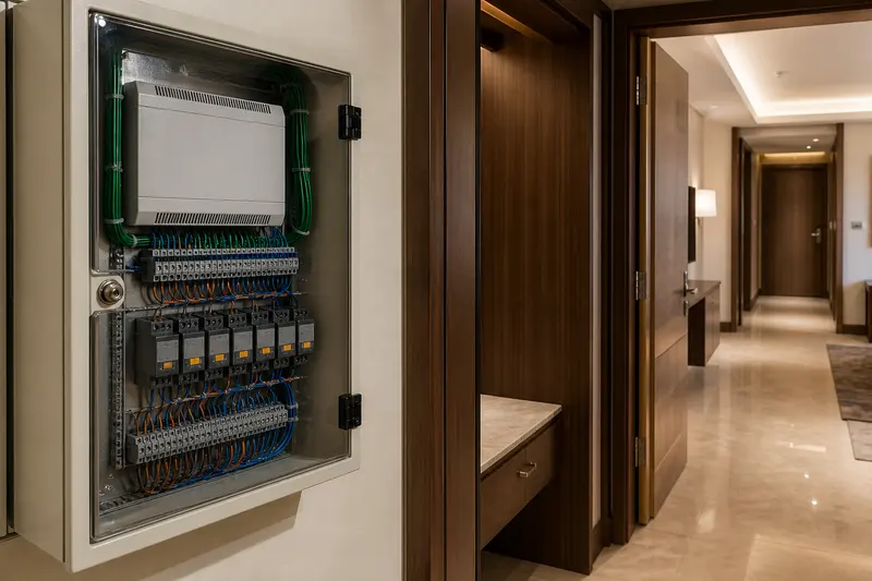 Protected hotel room-control panel in a service riser outside the guest corridor.