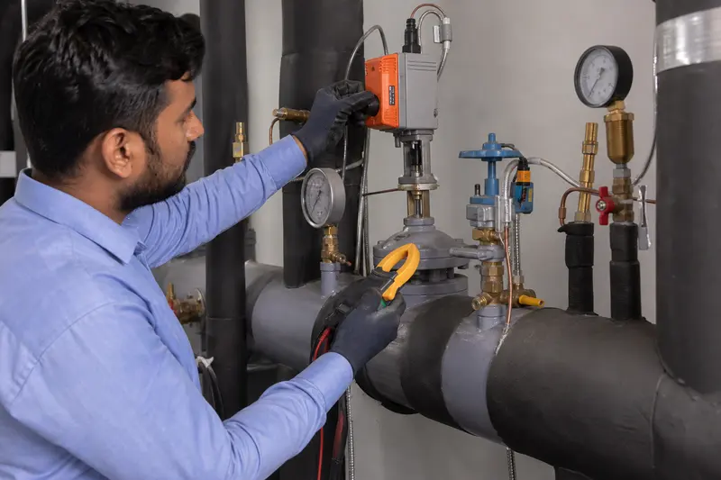 Technician inspects an actuated chilled-water control valve and associated sensors.