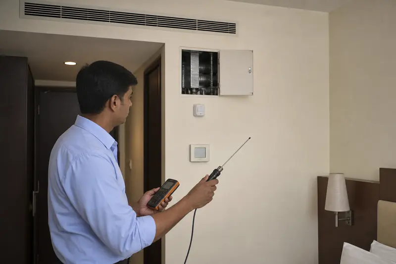 Engineer measures room conditions beside hotel fan-coil controls and a blank thermostat.