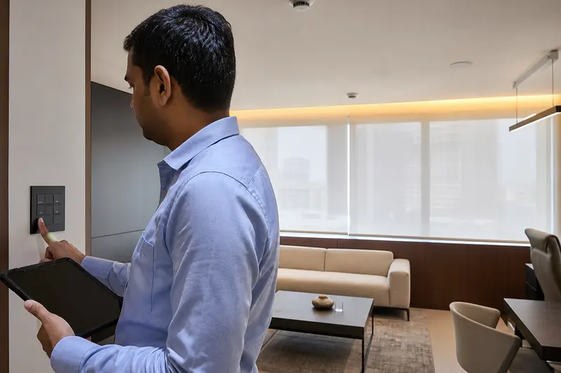 Commissioning engineer tests coordinated KNX lighting, sensing and shading.