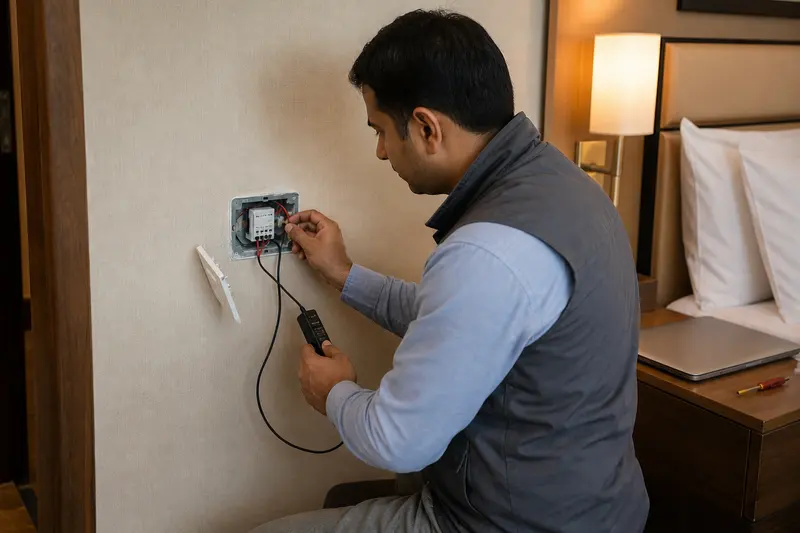 Engineer diagnoses a low-voltage KNX keypad bus connection in a hotel room.