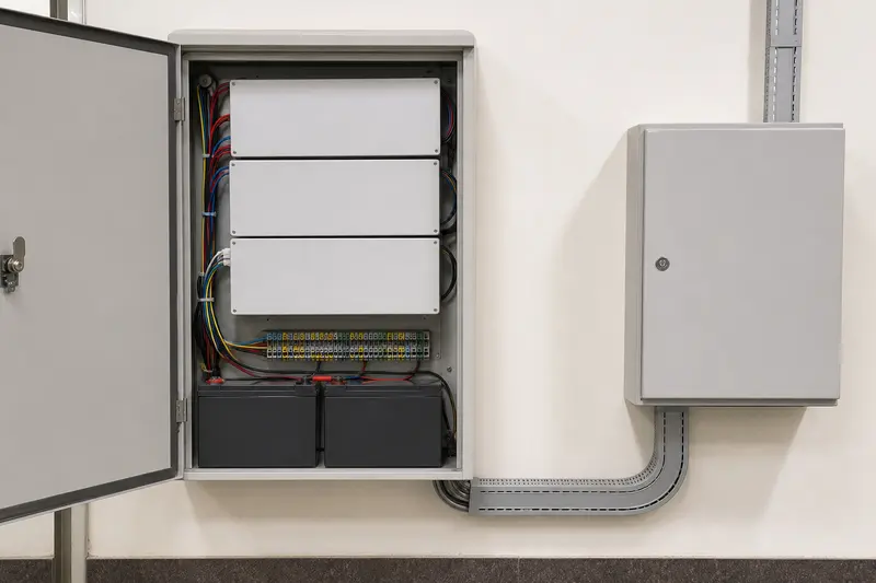 Blank-covered low-voltage access cabinet beside closed elevator interface enclosure.