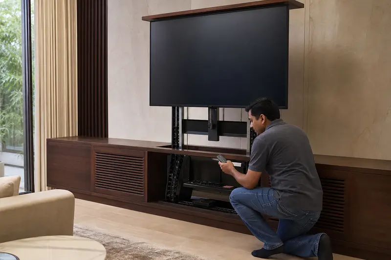 Technician commissions a cabinet television lift with its support rails exposed.