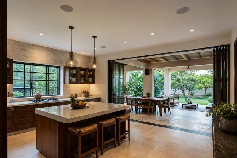 Separate kitchen ceiling and covered-patio speakers establish adjacent audio zones.