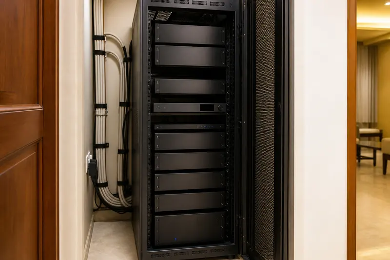 Blank multi-zone audio rack separates bundled speaker cabling from equipment fronts.