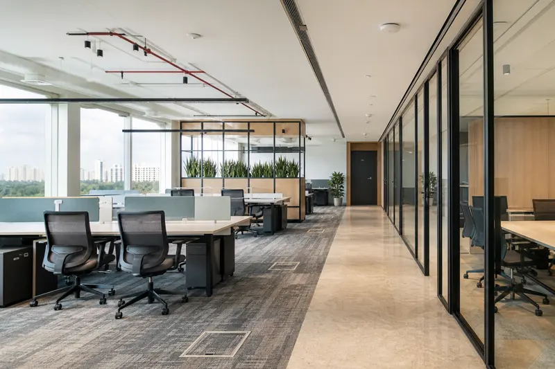 Coworking floor with ceiling wireless units, floor boxes and secure telecom closet.