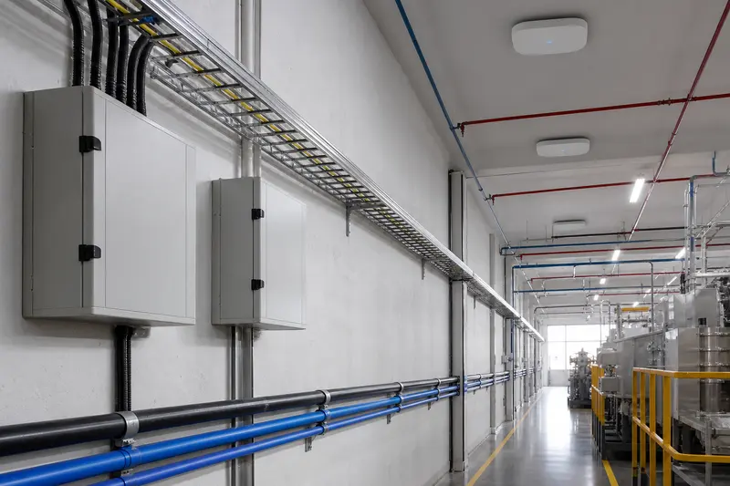Industrial aisle with rugged network enclosures, wireless units and protected data routes.