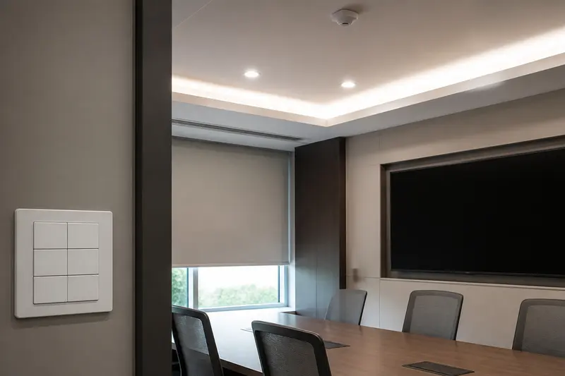 Boardroom scene links a blank scene keypad to lighting, shading and display control.