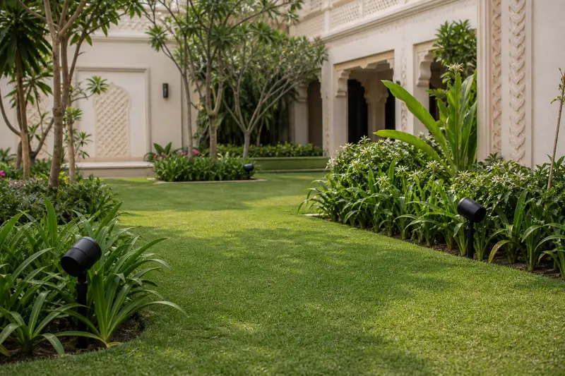 Distributed garden speakers aimed across a central lawn.