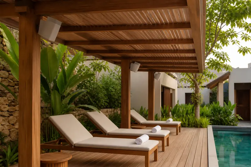 Pergola-mounted pool-deck marine audio.