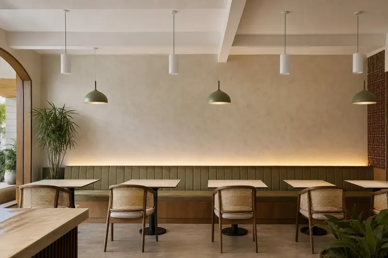 Downward pendant audio for café table zones.