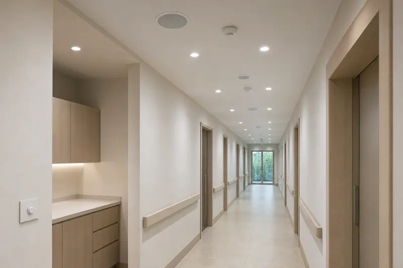 Clinic corridor paging with staff volume control.