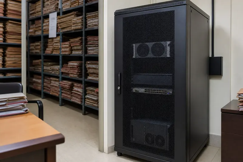 Locked local-compute rack positioned beside a legal paper archive.