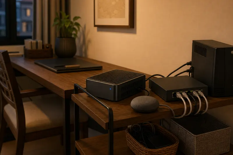 Local voice-processing compute, microphone, switch and UPS in a home study.