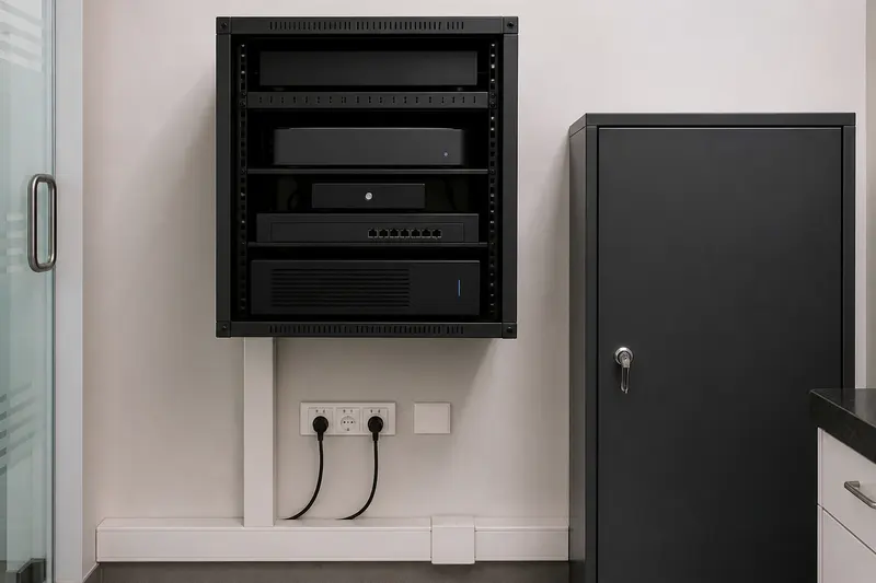 Clinic local server with separate backup-media storage.