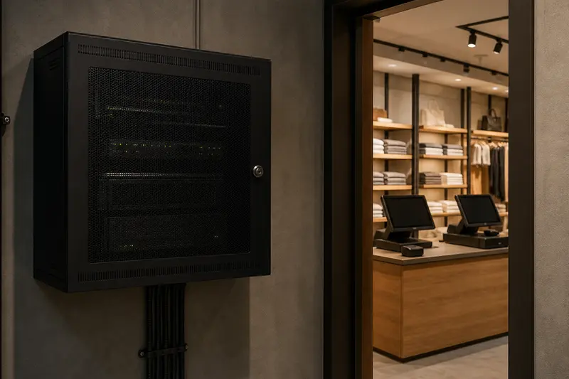 Retail local POS backend in locked cabinet.