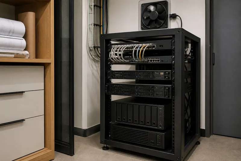 Architecture studio rack combining servers, storage, switching, UPS and room extraction.