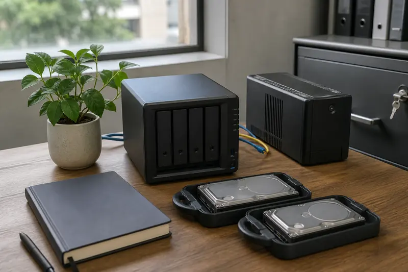 NAS and two removable backup drives arranged beside secure office storage.