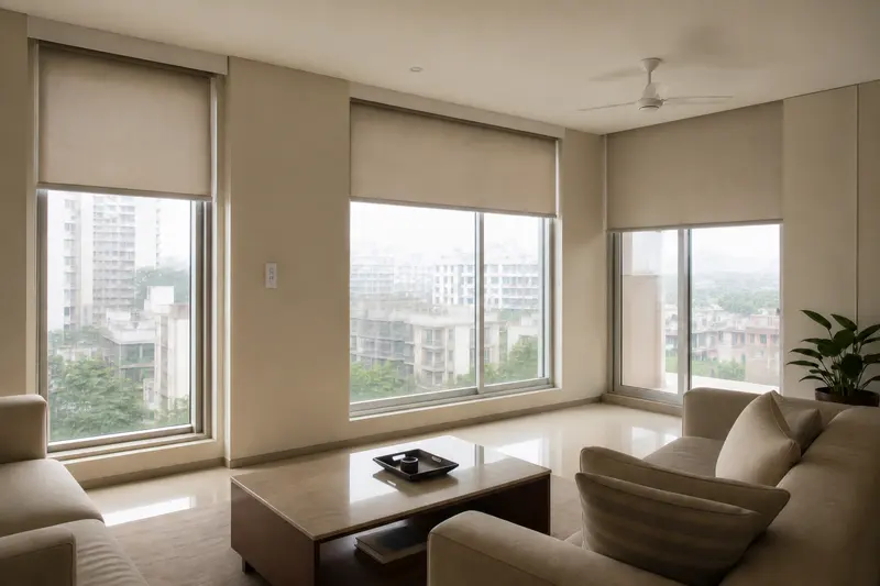 Concept illustration of three partly raised roller shades in an apartment living room