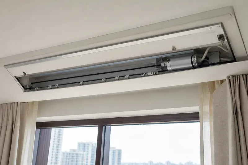 Open curtain service pocket exposes the motor, belt and carrier mechanism.