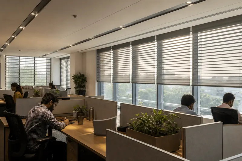 Venetian blinds balance glare control, exterior view and daylight in an occupied office.