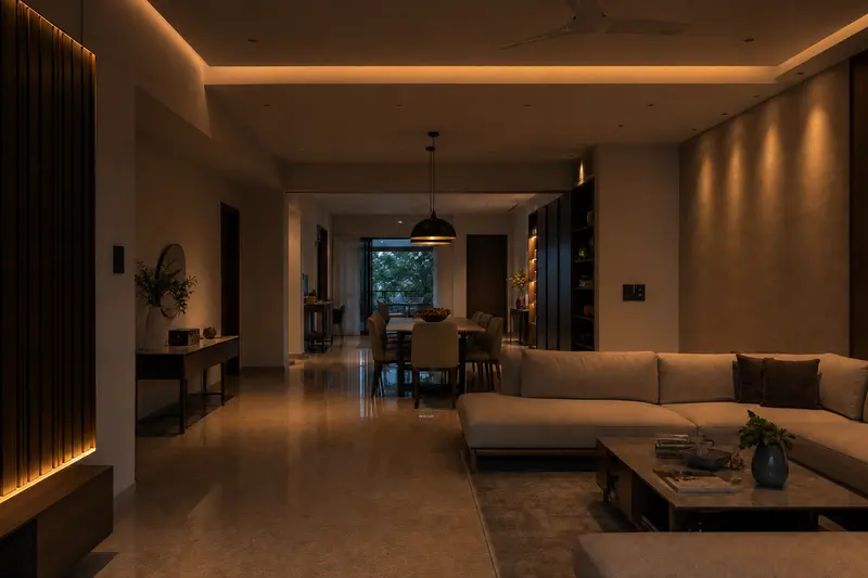 Concept of the same room with dimmed downlights and warm cove lighting