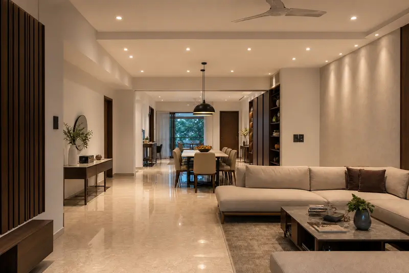 Concept living and dining room with brighter downlights and pendant lighting