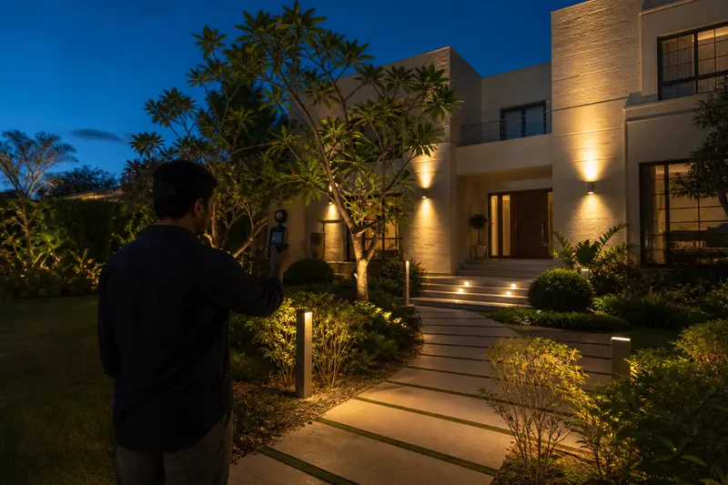 Lighting designer evaluates low-glare exterior and landscape illumination at dusk.