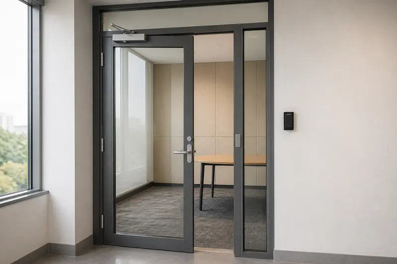 Framed-glass meeting-room electronic lock with explicit strike alignment.