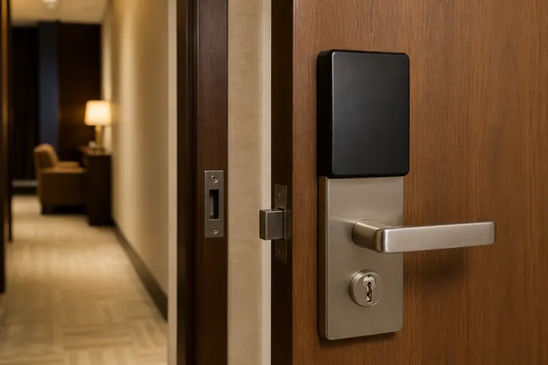 Featureless hotel card lock with one latch, aligned strike and key cylinder.