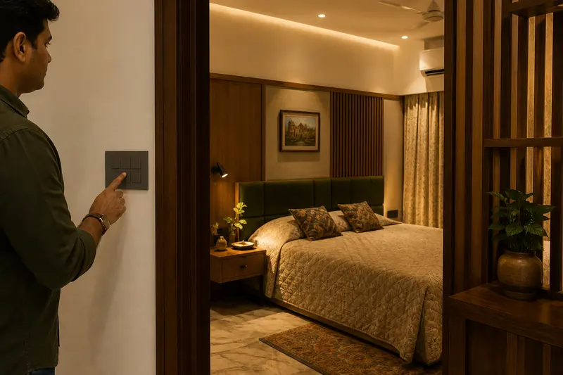 A tactile wall keypad provides manual control of several bedroom lighting circuits.