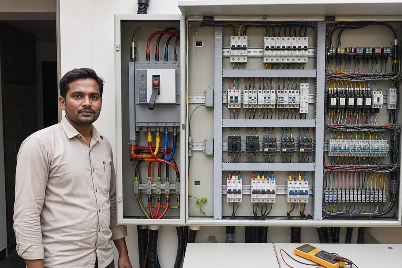 Large central switching panel shows protected power distribution and relay banks.