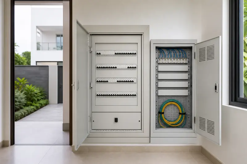 Separate electrical and low-voltage enclosures with blank patch terminations and reserved fibre loop.