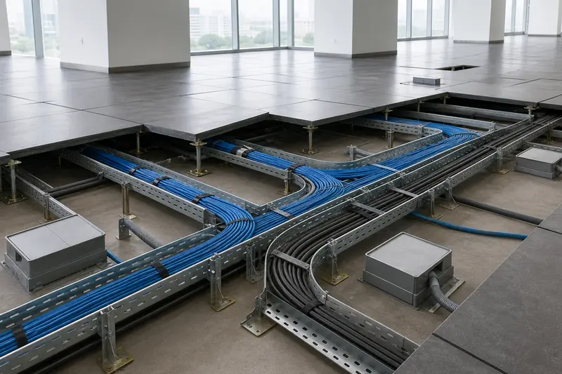 Raised-floor office containment with separated blue data and dark power cable pathways.