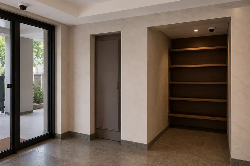 Apartment vestibule and empty parcel-alcove surveillance.