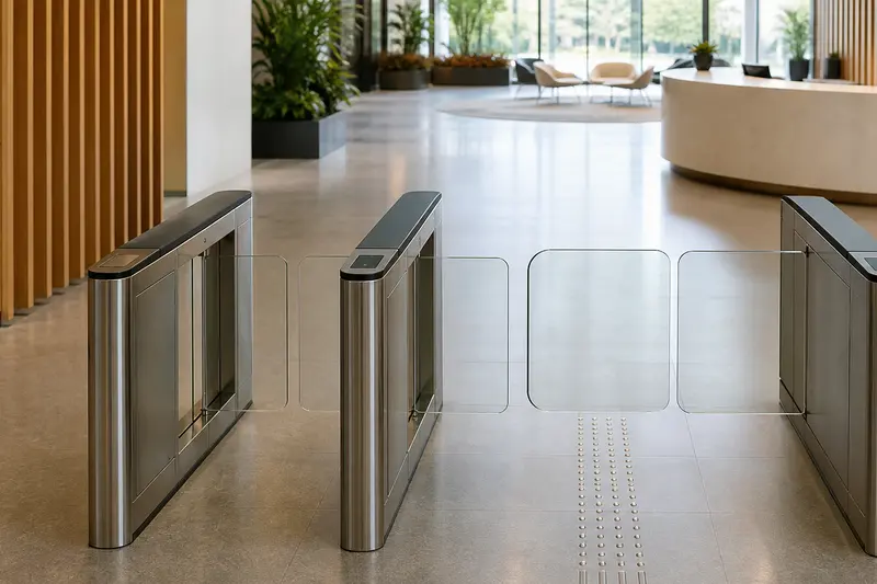 Optical speed gates with tactile-guided wider accessible lane.