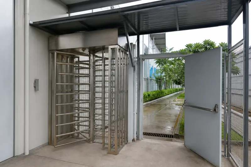 Industrial full-height rotor beside a separate outward emergency exit.