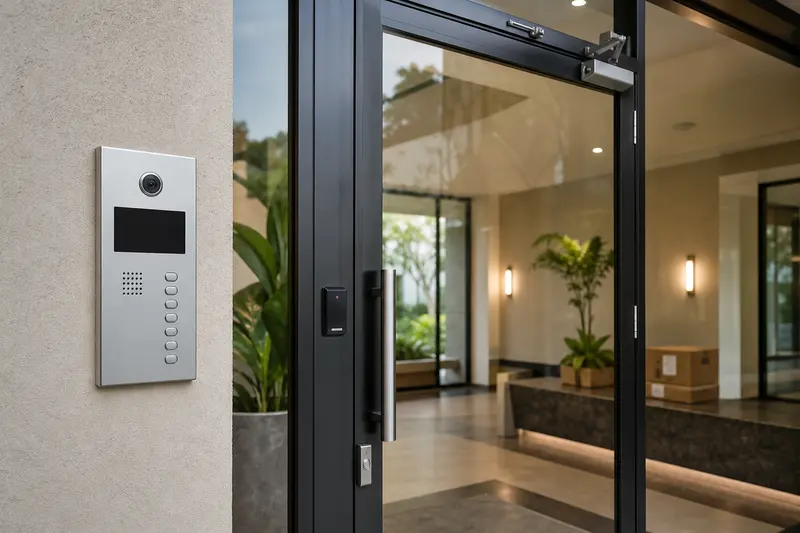 Multi-button apartment visitor intercom beside resident-controlled glass entry.