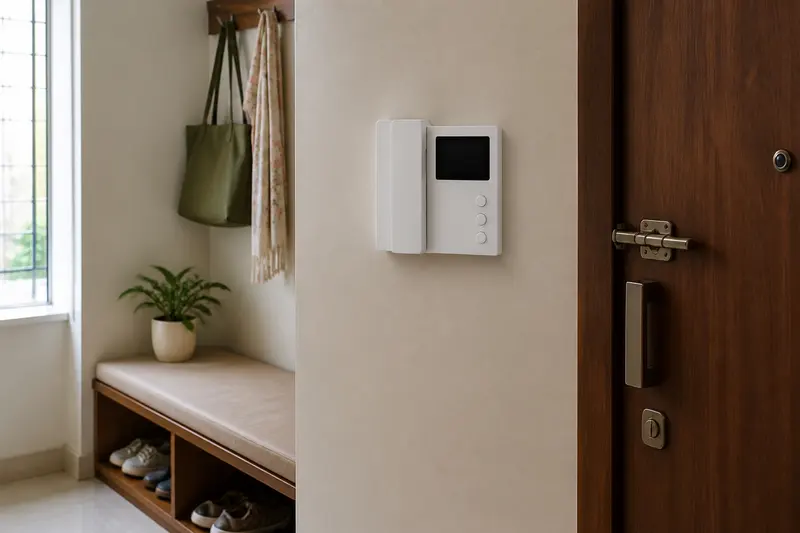 Single indoor handset station with dark screen and three blank buttons.
