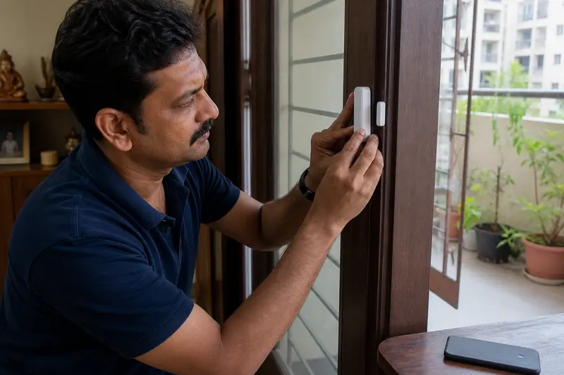 A wireless door contact and magnet are aligned on a retrofit balcony door.