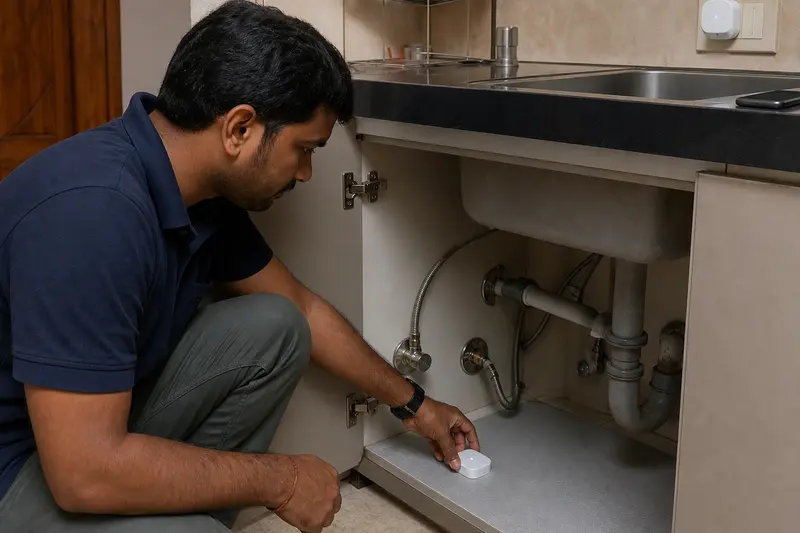 A wireless leak sensor is tested below an Indian kitchen sink with repeater away from plumbing.