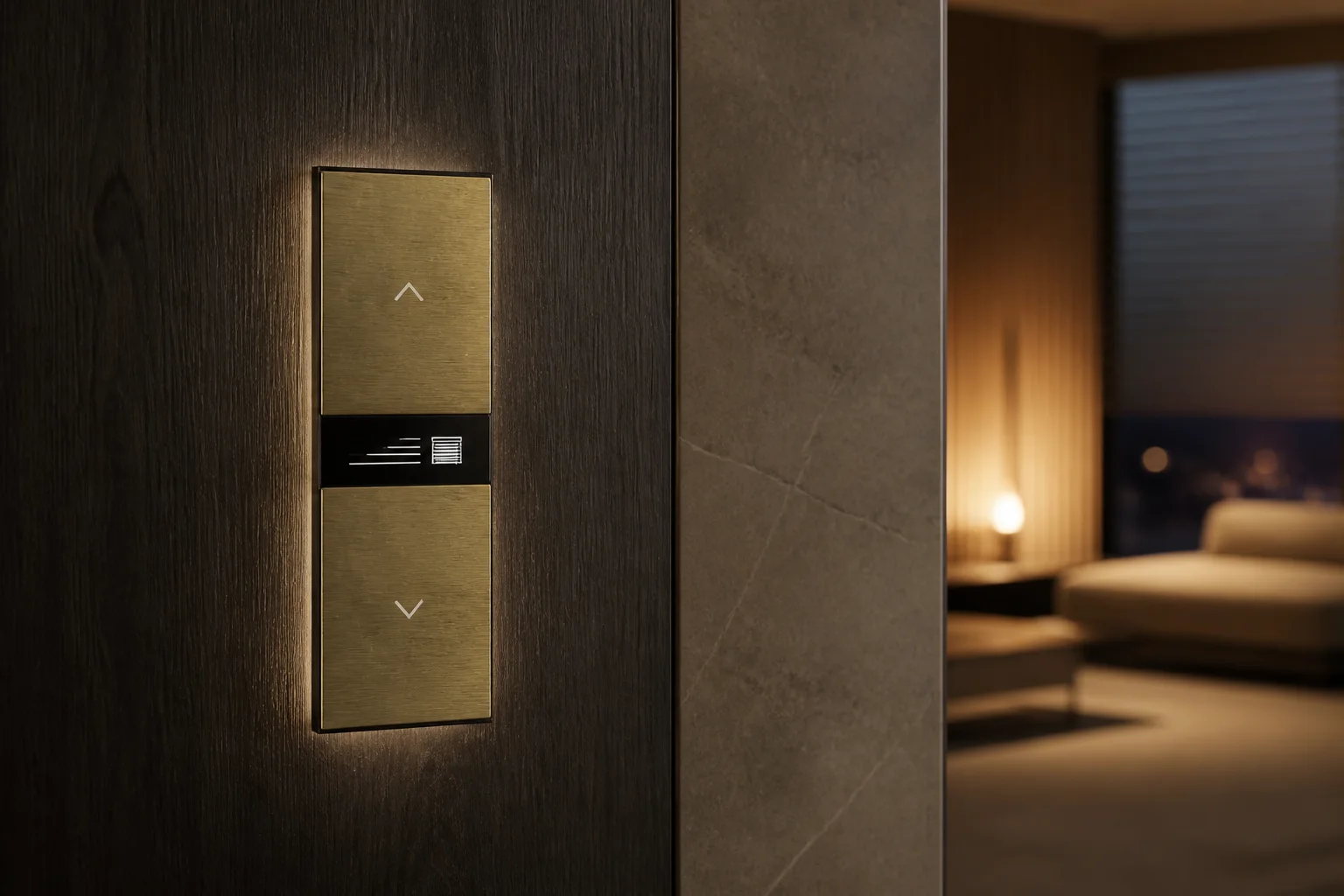 Flush brushed-metal room controller beside motorised blinds in a premium interior