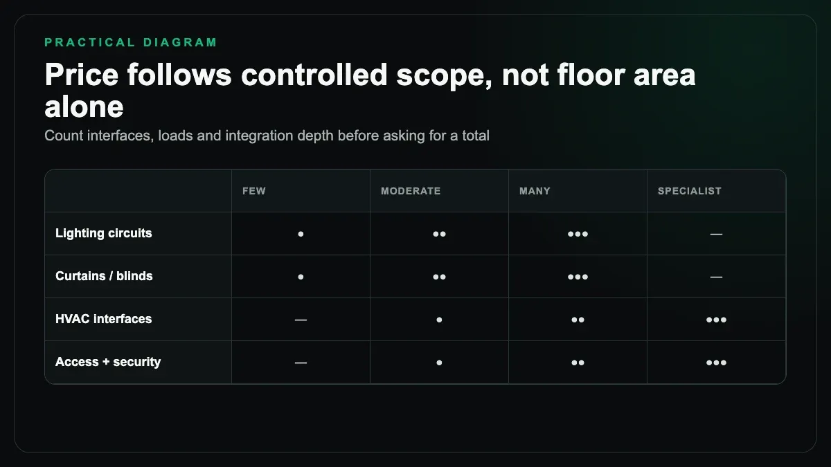 Matrix showing how lighting, curtains, HVAC, and security interfaces drive automation scope