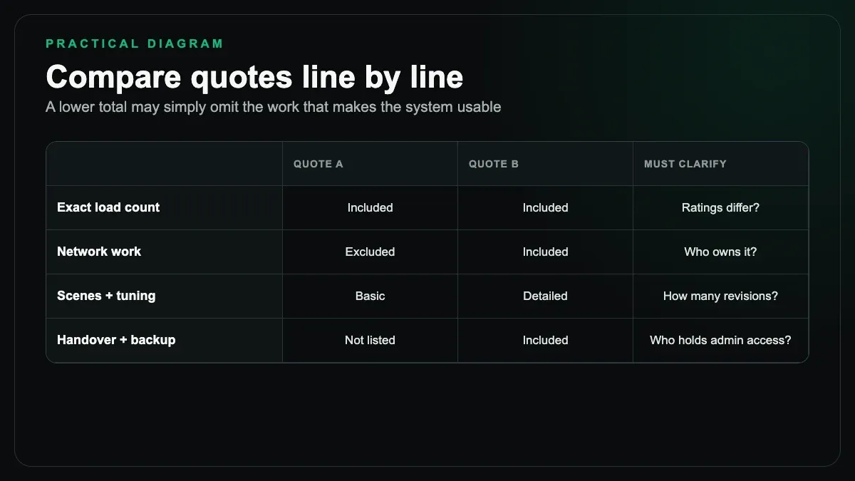Quote comparison table covering loads, network work, tuning, handover, and administrator access