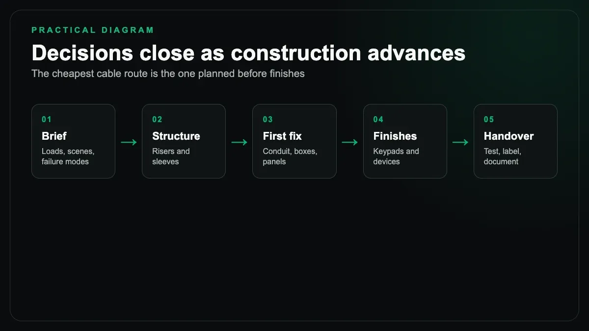 Construction timeline from brief and structure through first fix, finishes, and handover