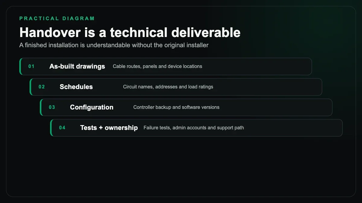 Handover stack showing as-built drawings, schedules, configuration backups, tests, and ownership